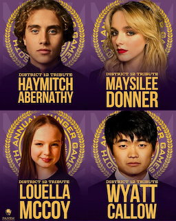 Four character portraits of District 12 tributes from the 50th Hunger Games with names and gold laurel borders