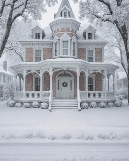 Victorian mansion with decorative trim covered in snow on a winter day