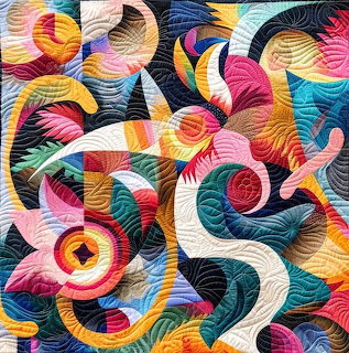 Colorful curved patchwork quilt with geometric patterns in pink, teal, yellow, orange, and black