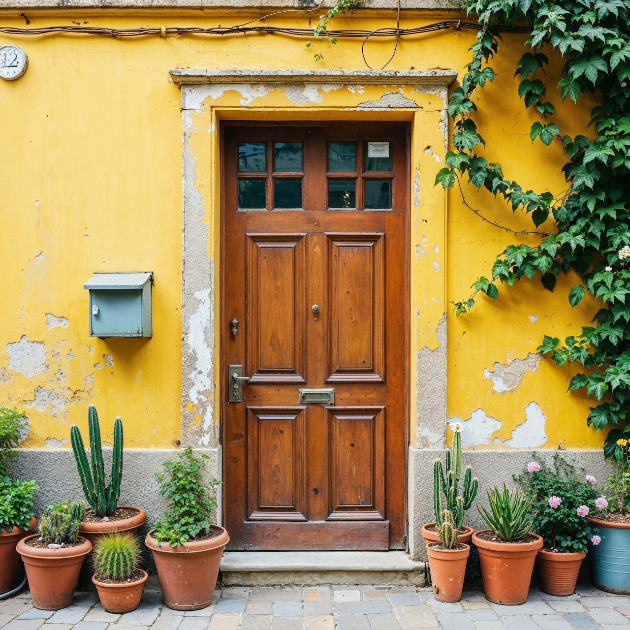 Brown wooden door in a yellow wall with potted cacti and ivy around the entrance