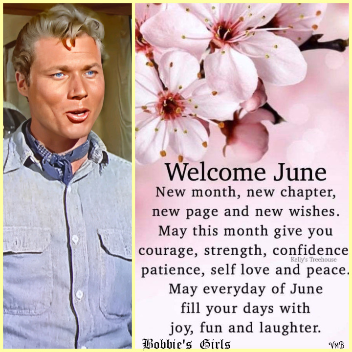 Collage with a man's portrait, pink blossoms, and a June greeting quote