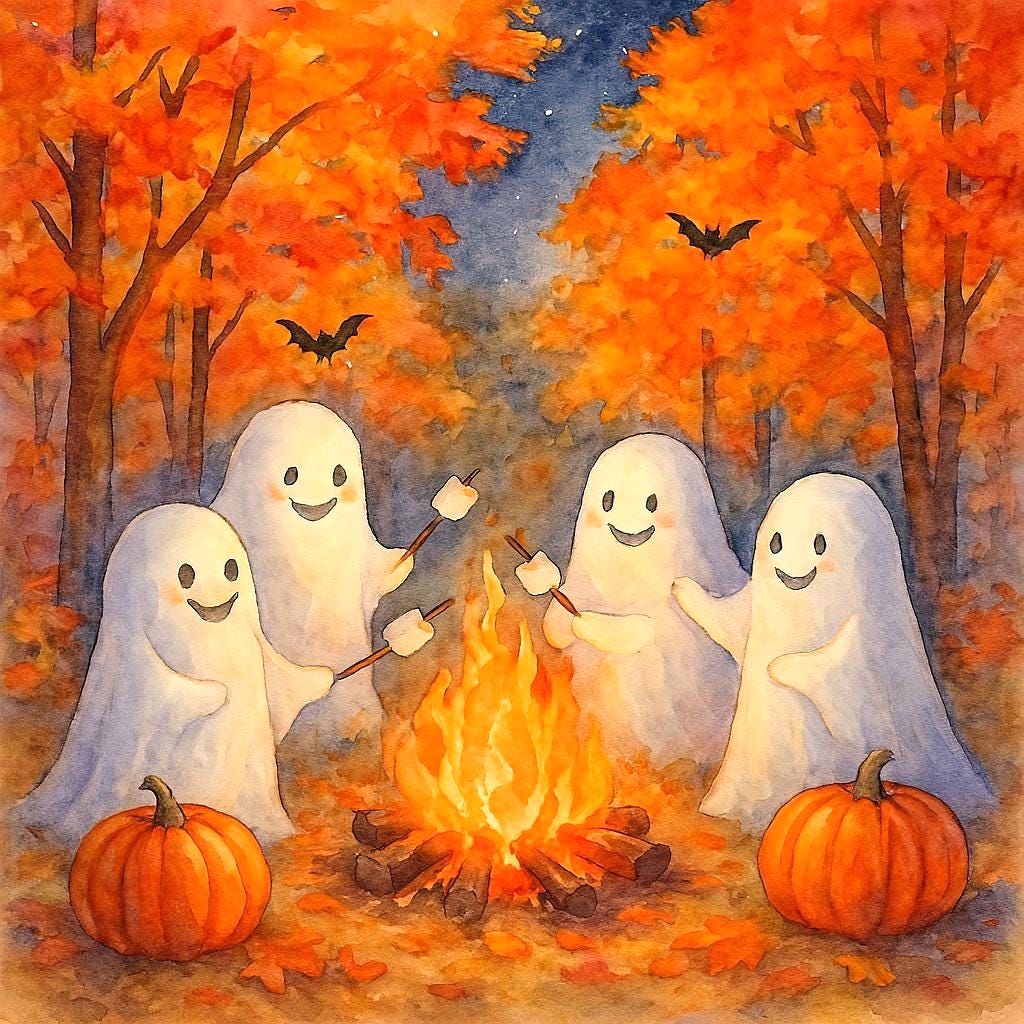 Four smiling white ghosts roasting marshmallows around a campfire with fall trees, pumpkins, and flying bats