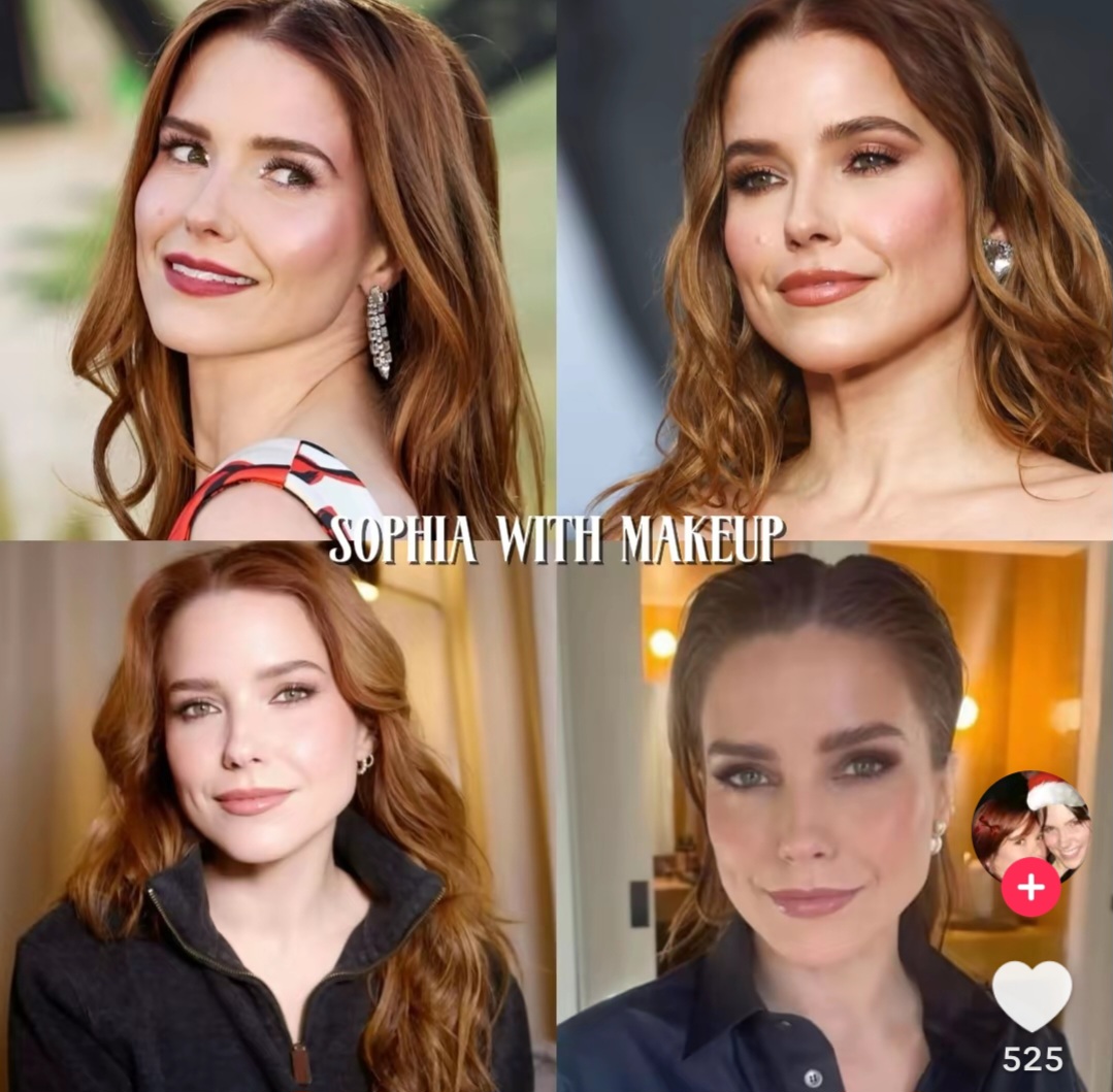 Collage of four portrait photos of Sophia Bush with makeup and styled hair