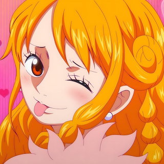 Close-up anime girl portrait of Nami winking with orange hair against a pink background