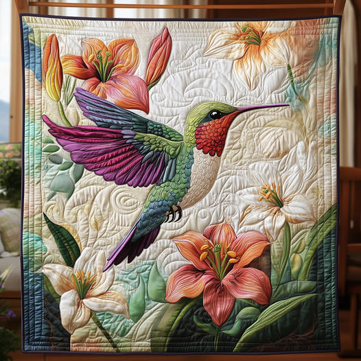 Quilted wall hanging with hummingbird and orange lilies on cream fabric with detailed stitching