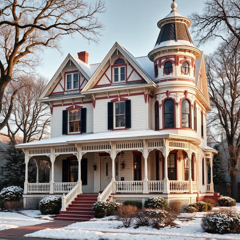 Victorian house with turret and porch in winter snow
