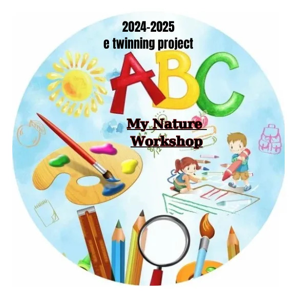 Circular eTwinning project illustration with ABC letters, art supplies, children, and My Nature Workshop text
