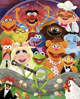Colorful group illustration of The Muppets characters standing together outdoors