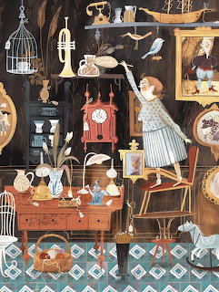 Illustrated girl in a cluttered antique shop with clocks, trumpet, birdcage, paintings, and vintage objects