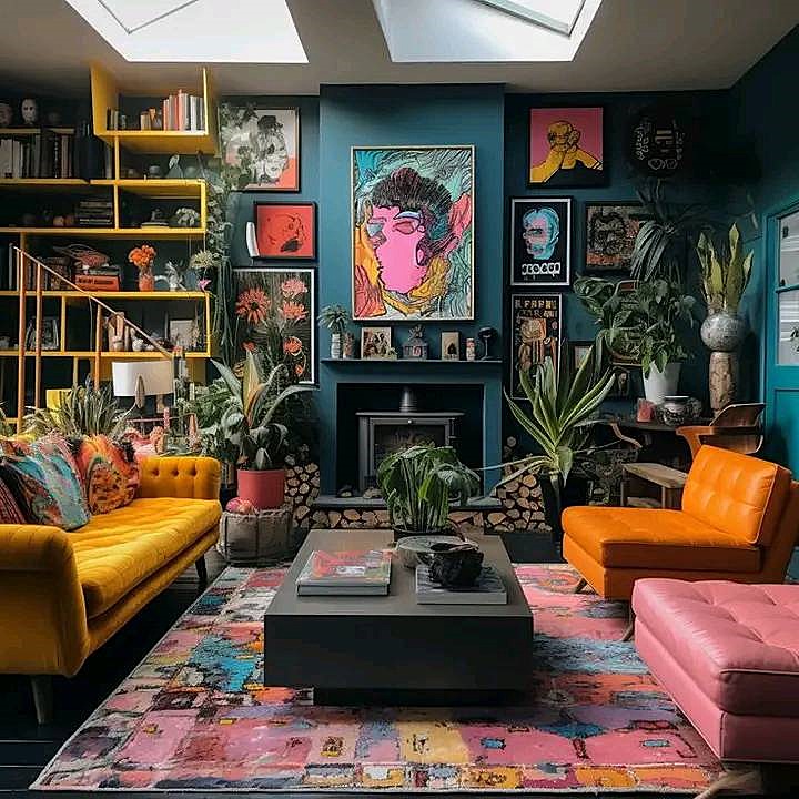 Colorful eclectic living room with bright sofas, wall art, plants, bookshelves, and a patterned rug