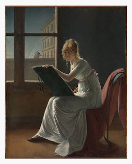 Classical painting of a woman in white dress sketching by a window with city buildings outside