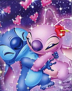 Stitch and Angel hugging surrounded by pink hearts and sparkles on a purple starry background