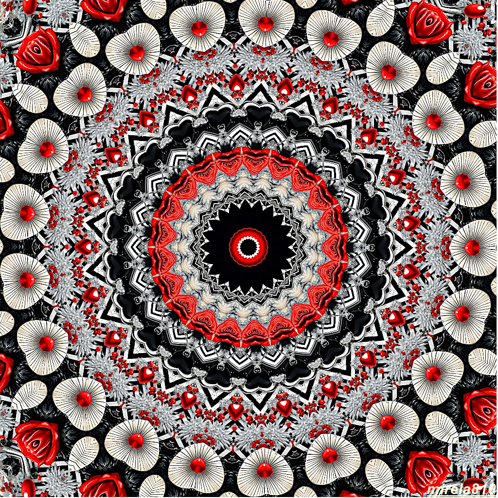 Symmetrical mandala with red roses, white flowers, and black geometric patterns in concentric circles