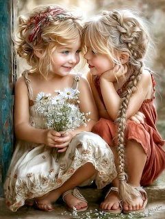 Painting of two young blonde girls sitting together, one holding white daisies, sharing a whispered moment