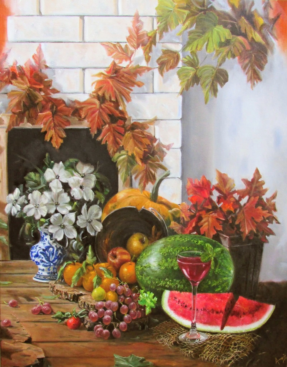 Still life painting with watermelon, grapes, white flowers, autumn leaves, and a glass of red wine on a wooden table