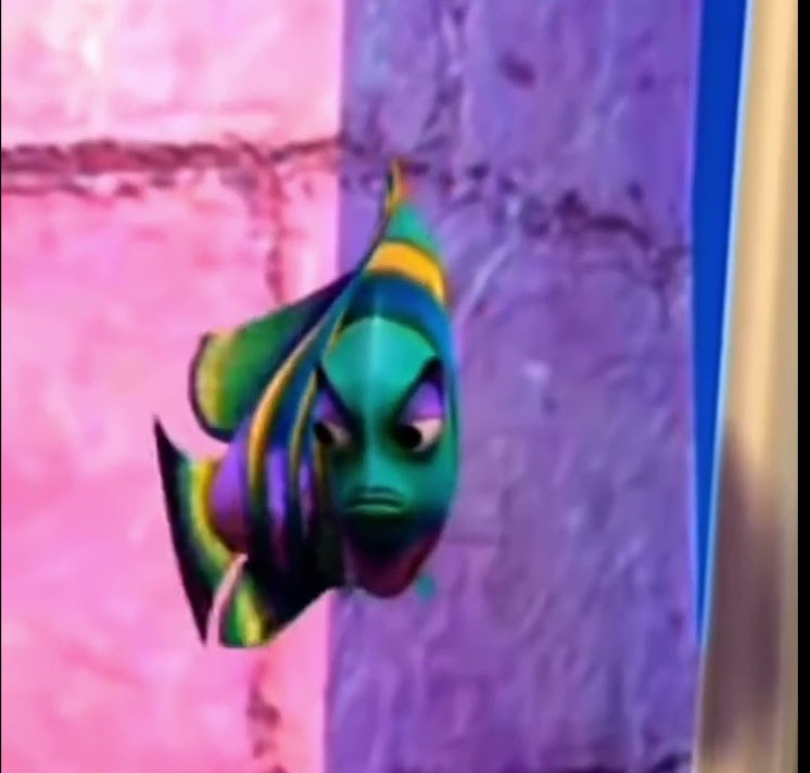 Colorful striped tropical fish with blue, green, and yellow patterns on purple-pink backdrop