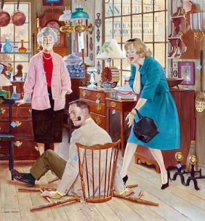 Vintage painting of man fallen through broken chair while two women react in an antique shop