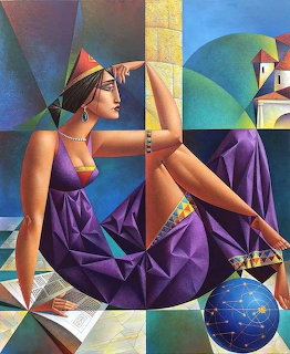 Cubist painting of woman in purple holding globe with geometric colorful background