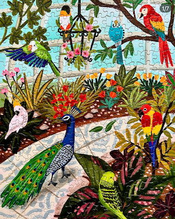 Illustrated peacock and colorful parrots among tropical plants in a garden scene