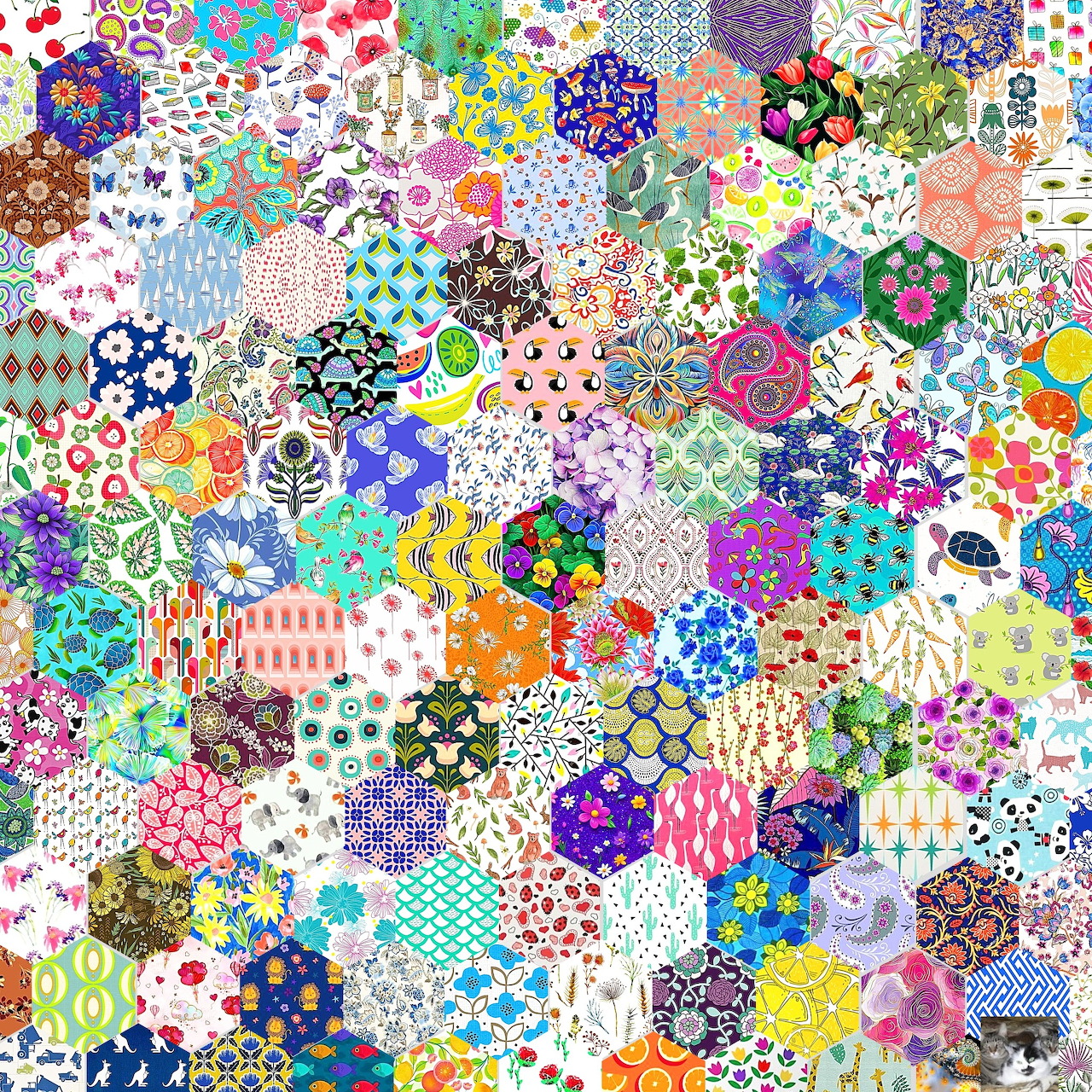 Colorful hexagonal patchwork with floral patterns, dots, and geometric designs in bright colors