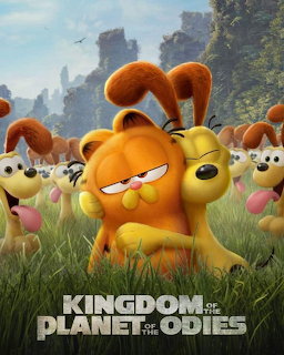 Orange cartoon dog characters in grass field with ruined structures in background, movie poster style