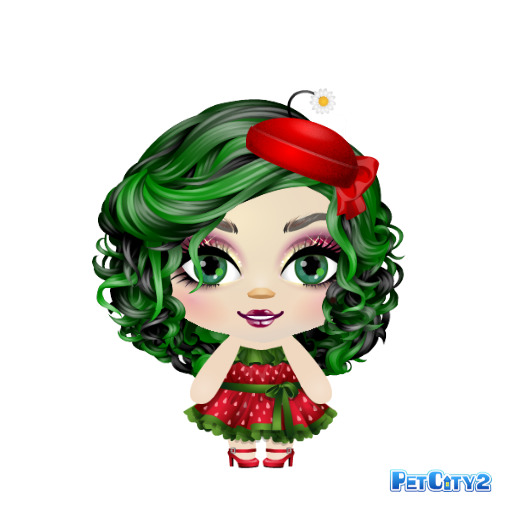Cartoon girl with green curly hair, red beret, and strawberry dress on a white background