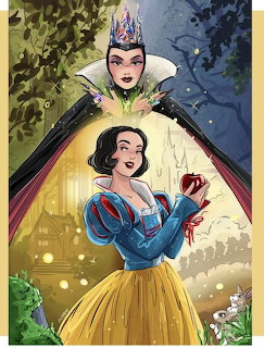 Snow White in yellow dress holding red apple, Evil Queen above in dark cloak