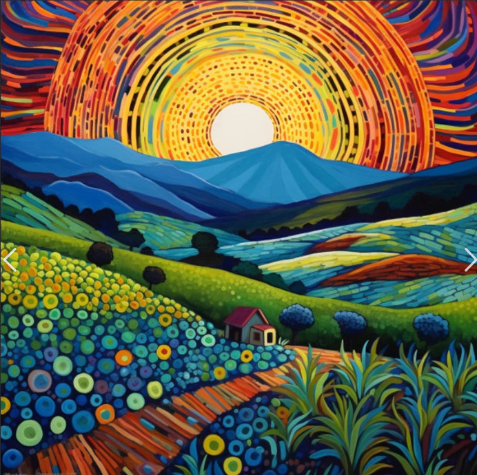 Colorful illustrated sunrise over blue mountains, rolling fields, flowers, and a small house in a valley