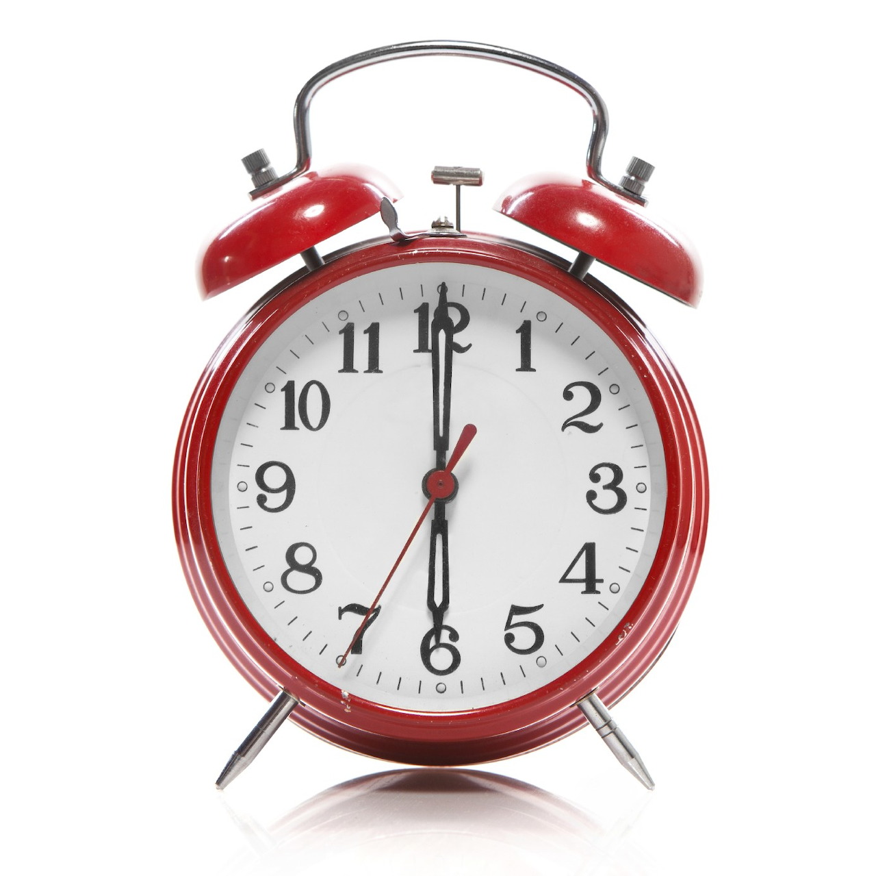 Red vintage-style alarm clock with twin bells showing 6:00 on white face