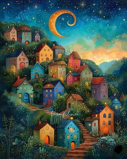 Whimsical painted village with colorful houses clustered on a hill under starry night sky and orange crescent moon