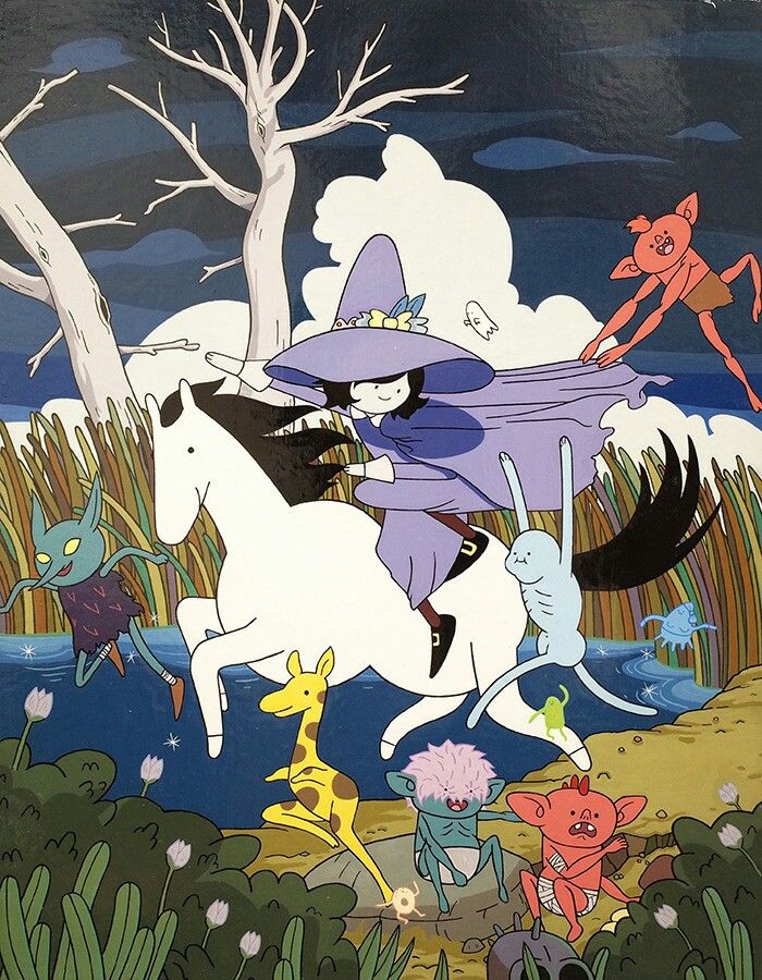 Witch on a white horse with colorful cartoon creatures in a moonlit field