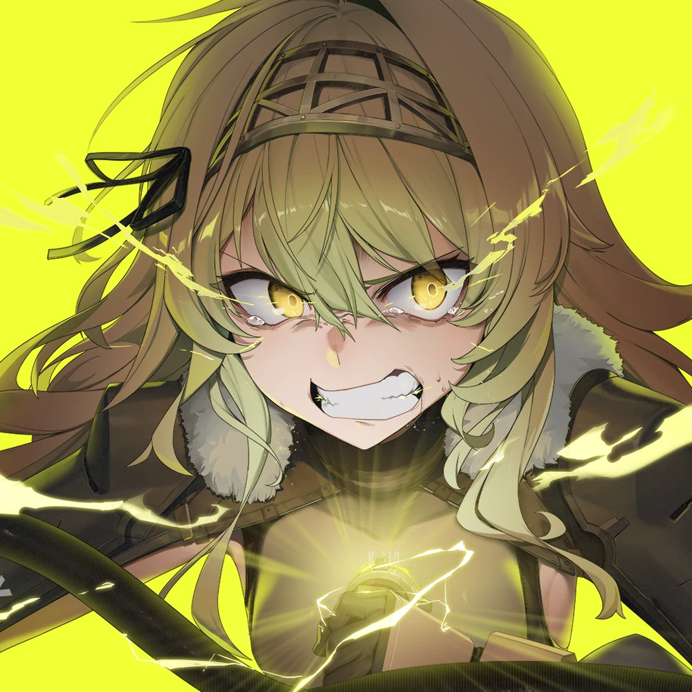 Anime character with blonde hair and yellow eyes in dynamic pose with electric effects on yellow background