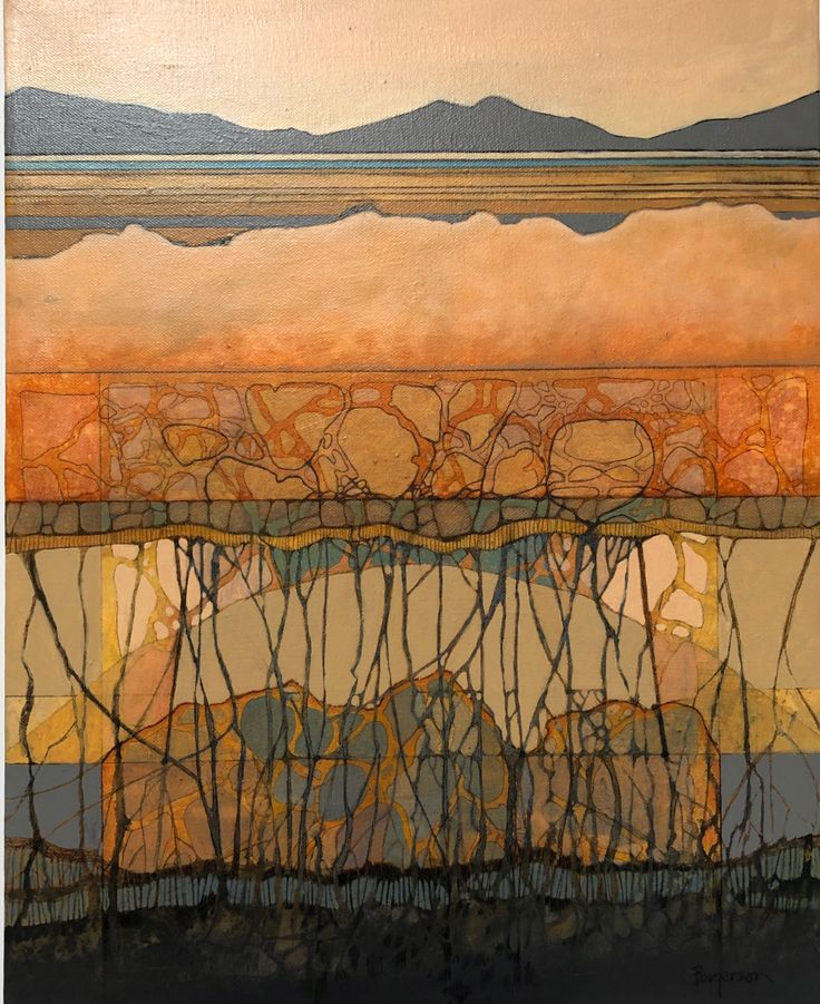 Abstract layered painting with mountains, clouds, and tangled vertical lines in warm earth tones