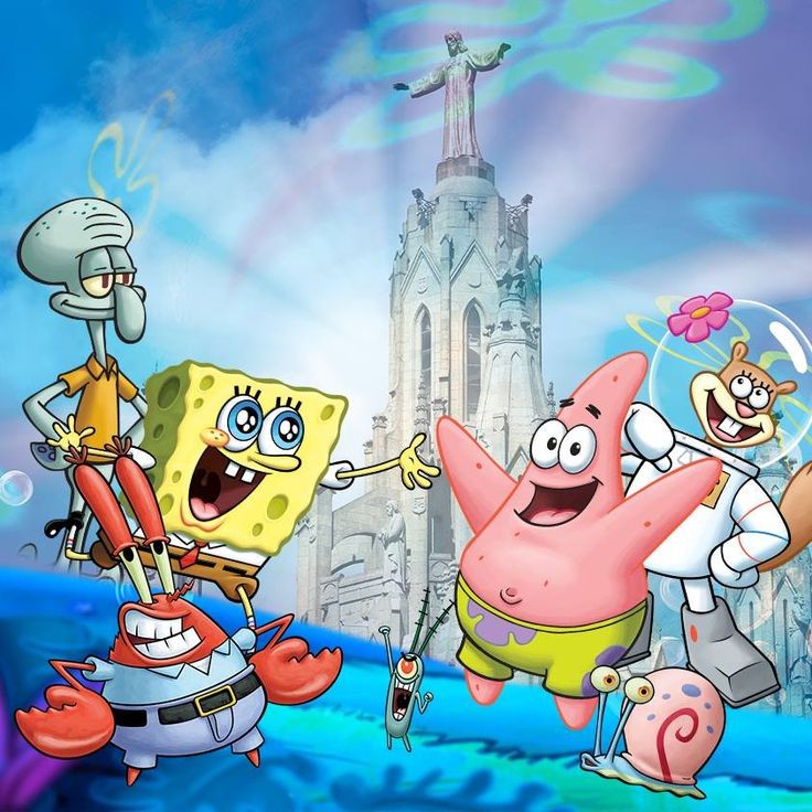 SpongeBob characters in front of fantasy castle with colorful sky