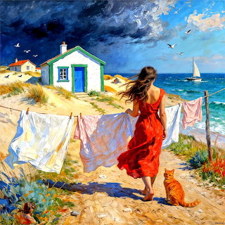 Woman Hanging Laundry by the Sea
