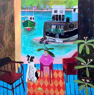 Bright painting of harbor boats seen from interior room with dog and decorative table
