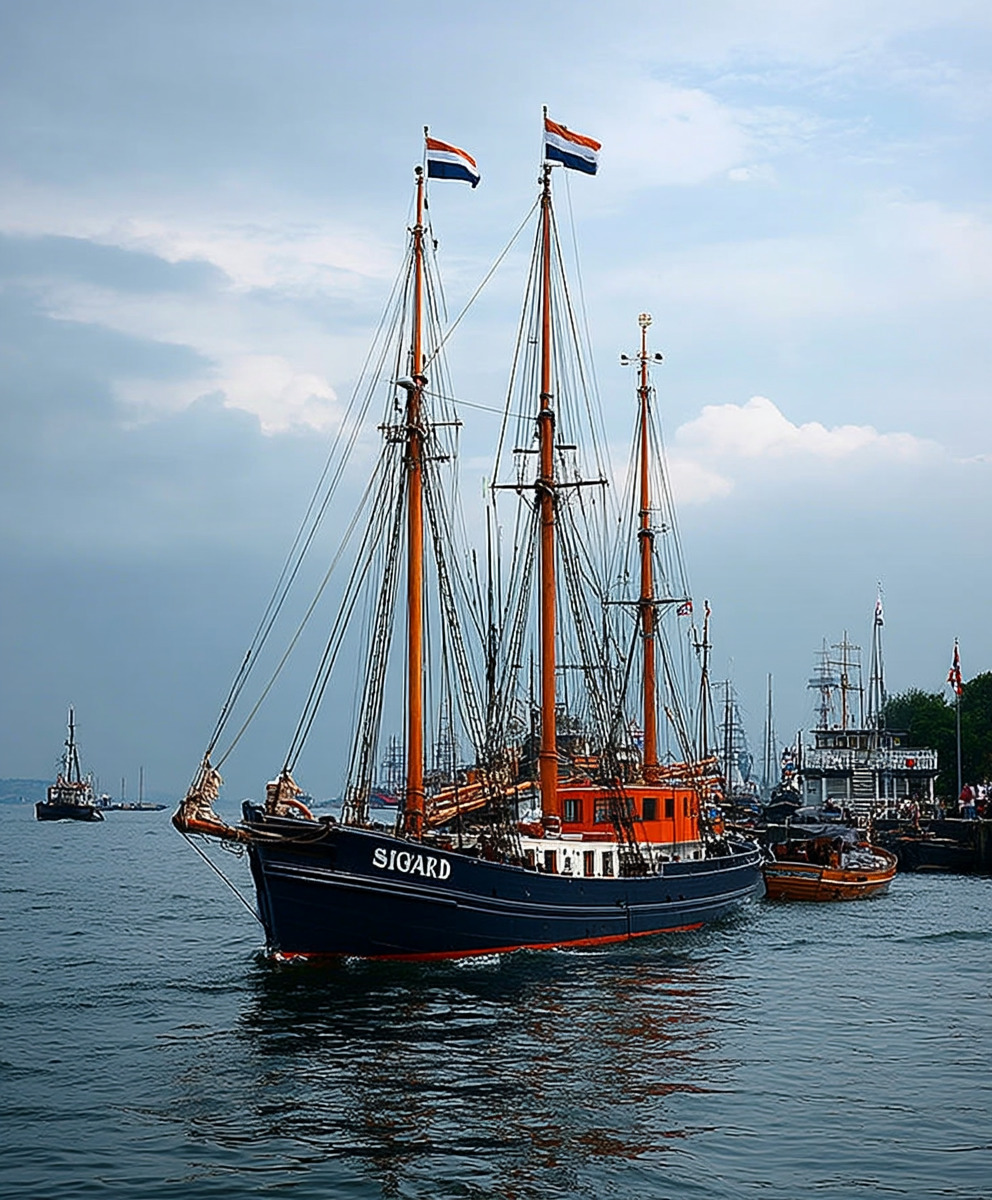 Traditional Dutch sailing ship with tall masts and flags in a harbor with other vessels