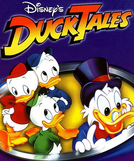 DuckTales cartoon poster with Scrooge McDuck in top hat and his three nephews in colored caps on purple background