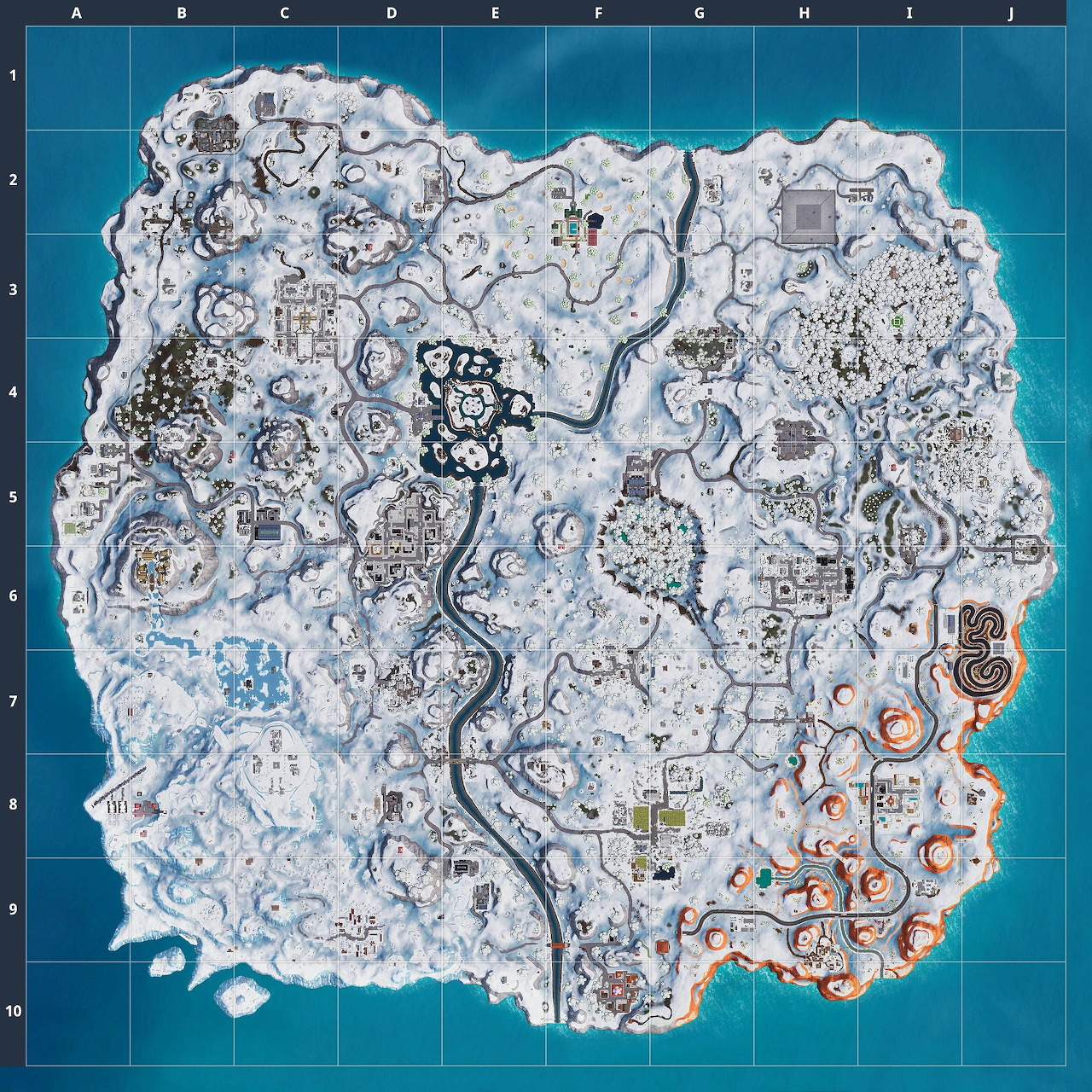 Square illustrated snowy island map with roads, rivers, and a volcanic zone on the lower right