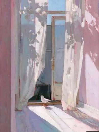 Painting of a sunlit blue doorway with white curtains and a small white bird on the floor