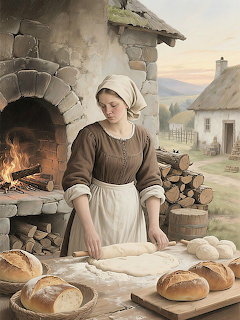Woman in apron and headscarf baking bread at stone oven in village