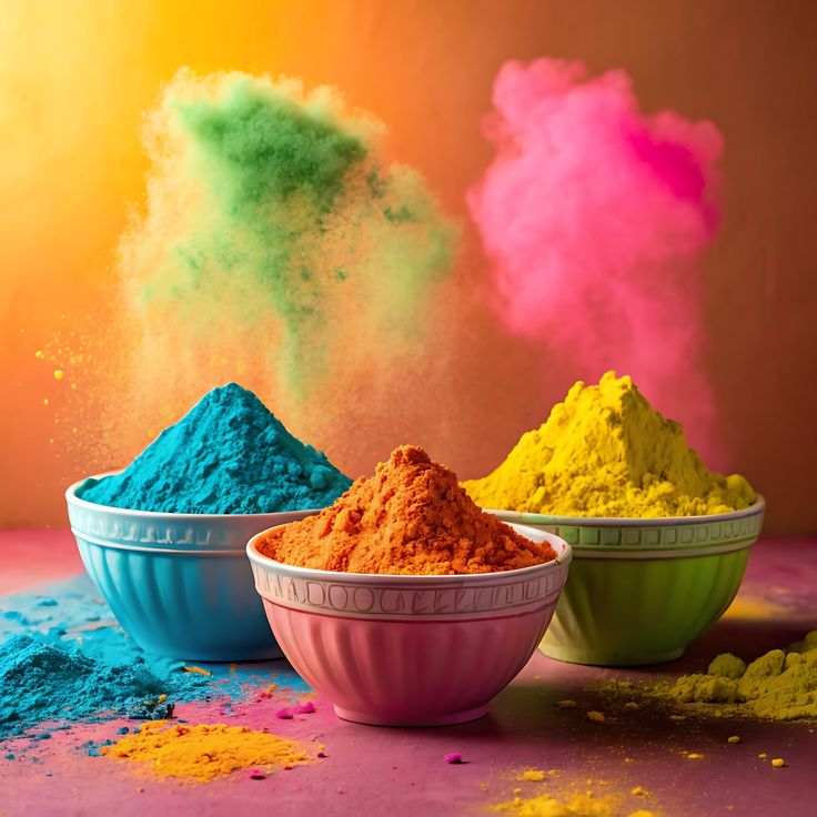 Three bowls of colorful powder with vibrant pigment clouds in the background