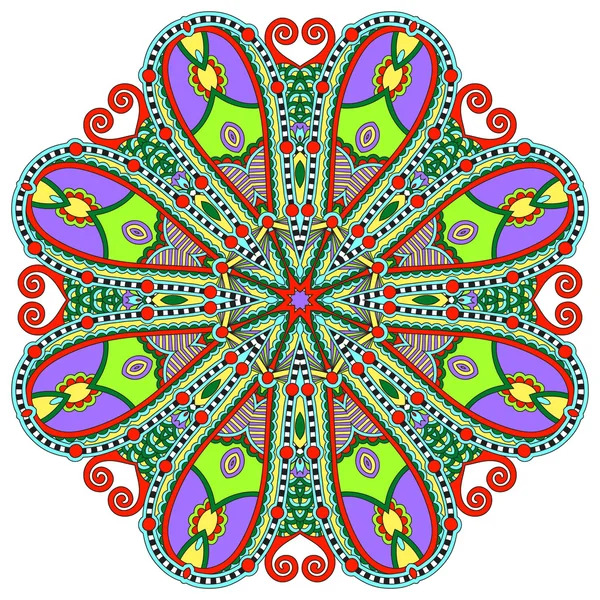 Symmetrical mandala with peacock feather patterns in bright colors and ornamental swirls