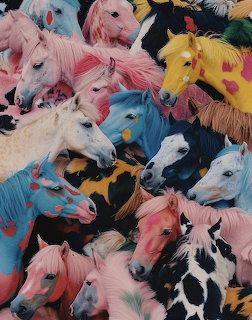 Many colorful toy horses packed together with pink, blue, yellow, and white manes and spotted patterns