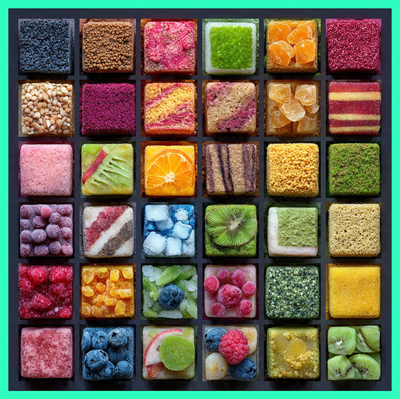 Grid of 36 colorful square desserts, cakes, fruits and candies arranged in 6x6 pattern