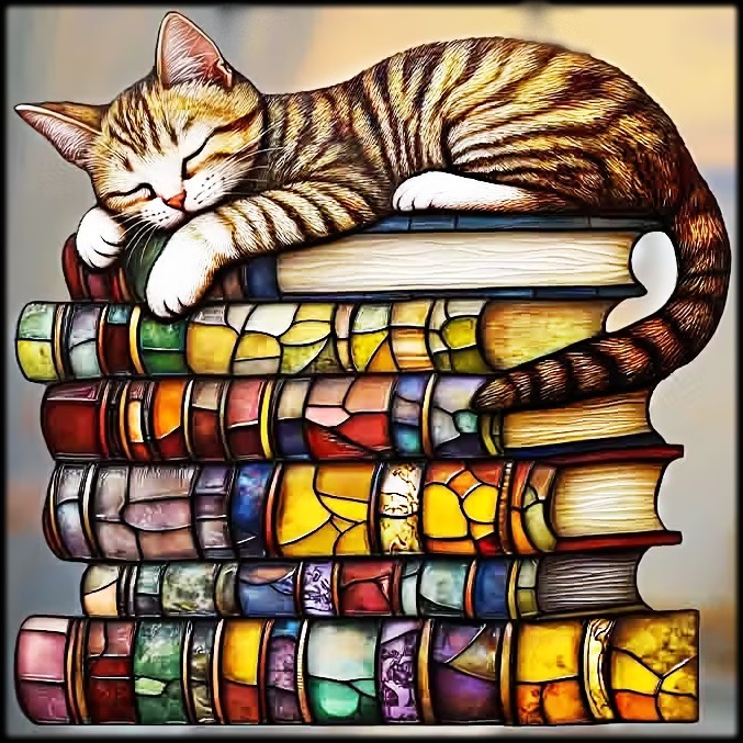 Sleeping tabby cat curled on a stack of colorful stained-glass-style books