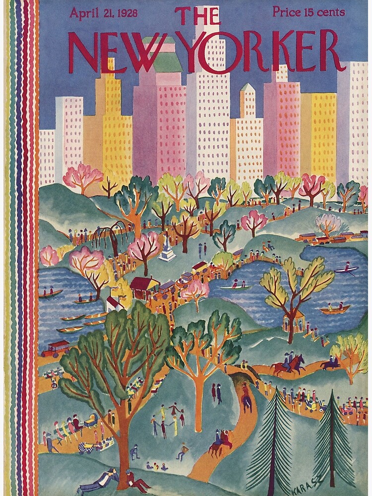 Vintage New Yorker cover showing spring park with pink flowering trees, people on blankets, and colorful buildings