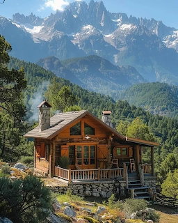 Rustic log cabin with mountain peaks and forest