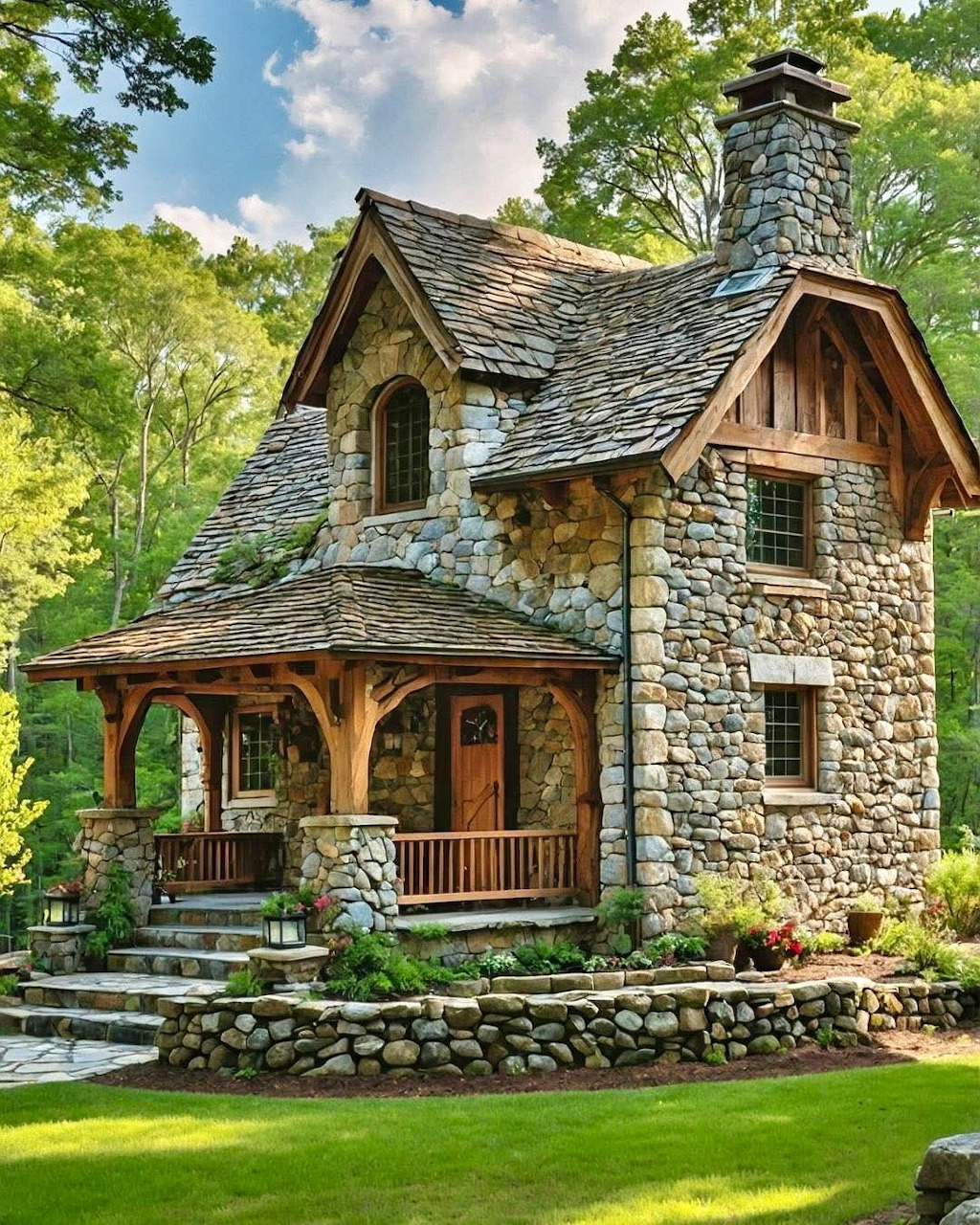 Quaint stone cottage with shingled roof, chimney, and wooden porch in a wooded green yard