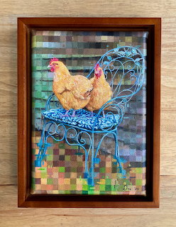 Chickens on Blue Chair Painting